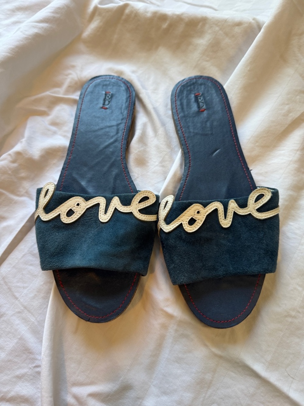 ED Brand Navy Suede Slide Sandals with white 'love' Script